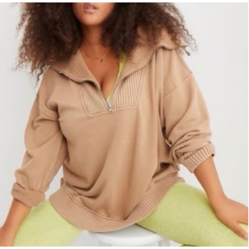 Aerie Oversized Quarter Zip Sweatshirt Tan Ribbed Collar Cuffs Hem Large